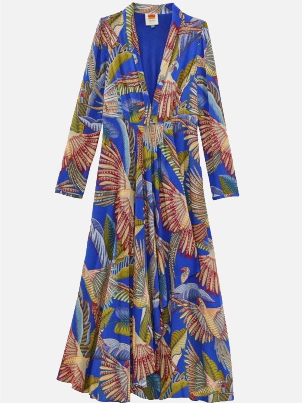 FARM RIO Rio Macaw Flight Maxi in Blue Plunging V-neck Long Sleeve XXS